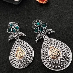 Sangria German Silver-Plated Stone-Studded Daul Tone Drop Earrings-image-33