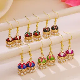 Yellow Chimes Set of 6 Meenakari Beaded Jhumkas image 1