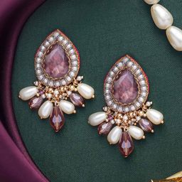 EVERSTYLISHArtificial StonesStudded And Beaded Teardrop Shaped Drop Earrings-19