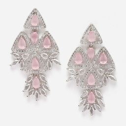 DressBerry Pink Rhodium-Plated AD Studded Teardrop Shaped Drop Earrings-8