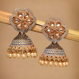 ADIVA Gold-Plated Stone-Studded & Beaded Classic Jhumkas-47