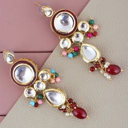 LUCKY JEWELLERY Gold Plated Kundan Stone Drop Earrings-image-61