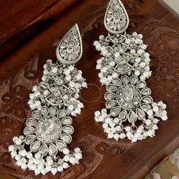 TEEJH Floral Shaped Artificial Beaded Oxidised Drop Earrings-image-15
