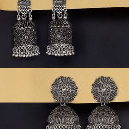 PRIVIU Set Of 2 Floral Oxidised Jhumkas Earrings-18