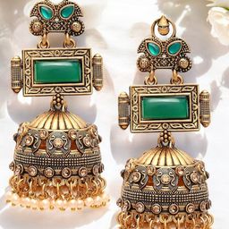 OOMPH Gold-Plated Artificial Stones Studded And Beaded Dome Shaped Jhumkas-10