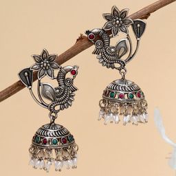 KARATCART Silver-Plated & White Peacock Shape Jhumkas Earrings-image-43