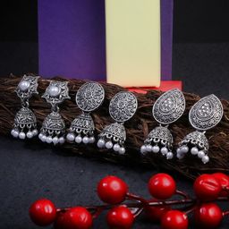 Adwitiya Collection Pack of 3 Silver-Plated Classic Jhumkas Earrings-46