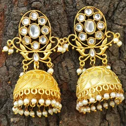 MANSIYAORANGE Gold-Plated Floral Kundan & Pearls Jhumkas-image-65