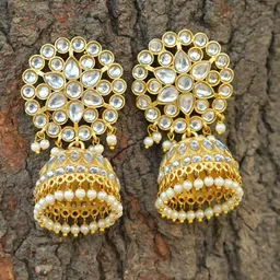 MANSIYAORANGE Gold-Plated Floral Kundan & Pearls Jhumkas-image-63
