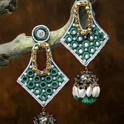 ATIBELLE Gold-Plated Mirror Work Beaded Classic Jhumkas-5