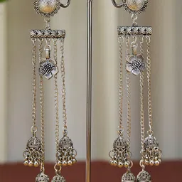 ATIBELLE German Silver-Plated Beaded Oxidised Floral Jhumkas-image-53