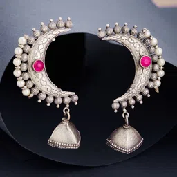 ATIBELLE Silver-Plated Beaded & Stone Studded Classic Jhumkas-89
