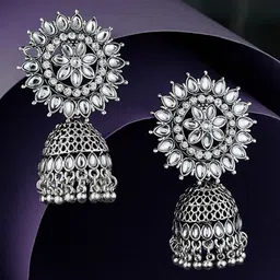 ATIBELLE German Silver Silver-Plated Kundan Classic Jhumkas-image-56