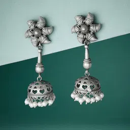 ATIBELLE Silver-Plated German Silver Beads Beaded Dome Shaped Oxidised Jhumkas-89