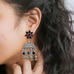 DEGHLAM Silver-Plated Artificial Stones Studded Oxidised Dome Shaped Jhumkas-17