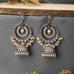 Saraf RS Jewellery Rhodium-Plated Oxidised American Diamond Studded Contemporary Jhumkas-3