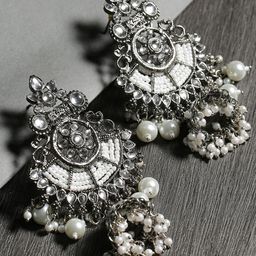 SOHI White & Silver-Toned Oxidised Kundan Jhumka Earrings-31