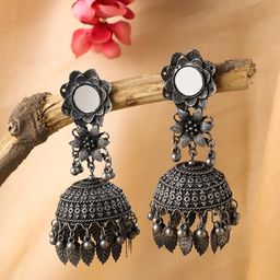Yellow Chimes Women Silver-Toned Oxidised Mirror Work Jhumkas Earring-58