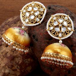 Sukkhi Gold-Toned & Kundan Studded Dome Shaped Jhumkas Earrings-image-34