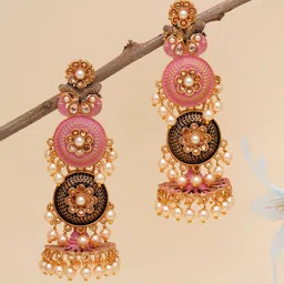KARATCART Pink & White Gold-Plated Classic Jhumkas Earrings-48
