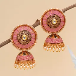 KARATCART Pink & Gold-Plated Classic Antique Jhumkas Earrings-image-76