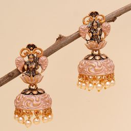 KARATCART Pink & White Gold-Plated Mata Laxmi Classic Jhumkas Earrings-picture-5