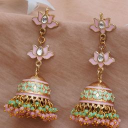 KARATCART Women Pink & Green Gold-Plated Kundan Classic Jhumkas Earrings-2