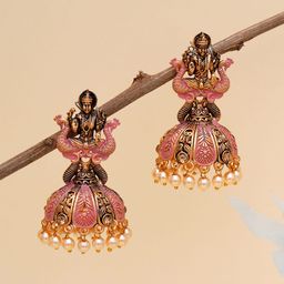 KARATCART Pink & Gold-Plated Antique Dome Shaped Jhumkas Earrings-7