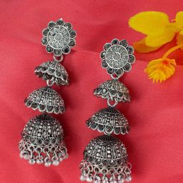 PRIVIU Oxidised Stone-Studded Dome Shaped Layered Jhumkas Earrings-27