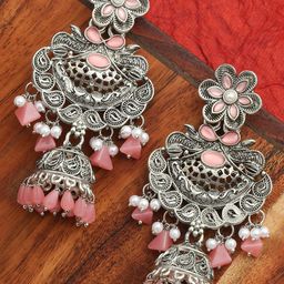 OOMPH Silver-Toned Dome Shaped Jhumkas Earrings-8