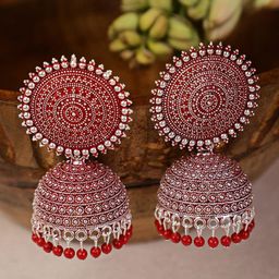 Shining Diva Red & Silver-Toned Dome Shaped Jhumkas Earrings-image-46