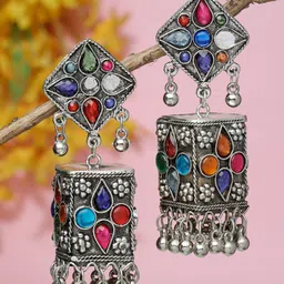 Moedbuille Silver Plated Dome Shaped Artificial Stones Studded Jhumkas-42