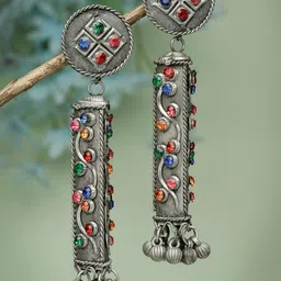 Moedbuille Silver-Plated Crystals Studded & Beaded Contemporary Drop Earrings-9