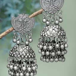 Moedbuille Silver-Plated Beaded Dome Shaped Oxidised Jhumkas-image-11
