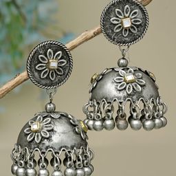 Moedbuille Silver-Plated Dome Shaped Kundan Jhumkas Earrings-19