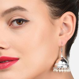 Zaveri Pearls Silver-Plated Oxidised Dome Shaped Jhumkas Earrings-image-68