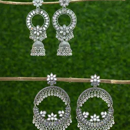PRIVIU Silver-Plated Set of 2 Contemporary Oxidised Jhumkas-0