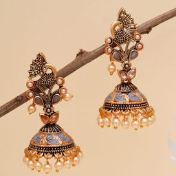 KARATCART Grey & Gold-Plated Stone Studded Peacock Shape Classic Jhumkas Earrings-58