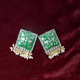 Krelin Green & Silver-Toned Square Studs Earrings With Pearl Hanging-image-10