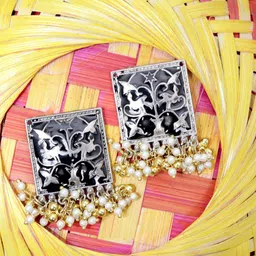 Krelin Black & Silver-Toned Square Studs Earrings With Pearl Hanging-image-66