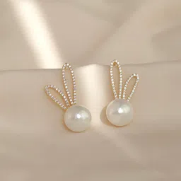 Yellow Chimes Gold-Toned Pearl Drop Crystal Studded Oval Shape Stud Earrings-12