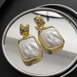 VAGHBHATT Stainless Steel Pearls Beaded Square Drop Earrings-16