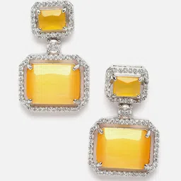Aazeen Rhodium-Plated American Diamond Studded Square Drop Earrings-36