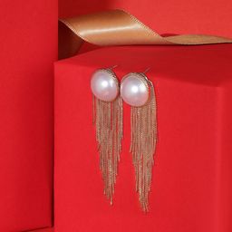 AMI Gold-Plated Pearl Studded Tasselled Contemporary Drop Earrings-93