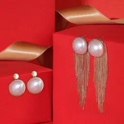 AMI Set of 2 Gold-Plated Pearls Contemporary Drop Earrings-59