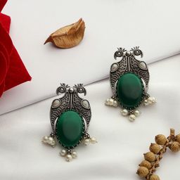 VENI 92.5 Silver-Plated Artificial Stones-Studded Oxidised Drop Earrings-5