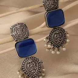 VENI 92.5 Silver-Plated Pearls Beaded Geometric Shaped Oxidised Drop Earrings-49