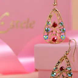 Estele Gold-Plated & Red Crystal Contemporary Drop Earrings-16