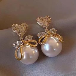 Celestique Gold-Plated Bow Heart Shaped Stone Studded & Pearl Beaded Drop Earrings-15