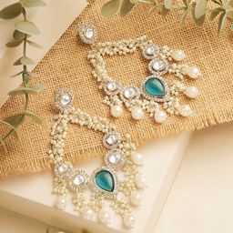 Zaveri Pearls Gold-Plated Artificial Stones Studded & Beaded Oval Shaped Drop Earrings-2